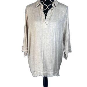 The Porter Collective NWT Vneck Fringe Trim Linen Blend Neutral Top‎ Size Large